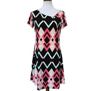 🍀LBisse Womens A-Line Dress Multicolor Geometric Asymmetric Neck Stretch M New